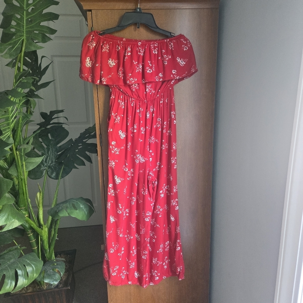 Hollister Strapless Long Pants Romper With Pockets Red With White Floral Small - Picture 2 of 4